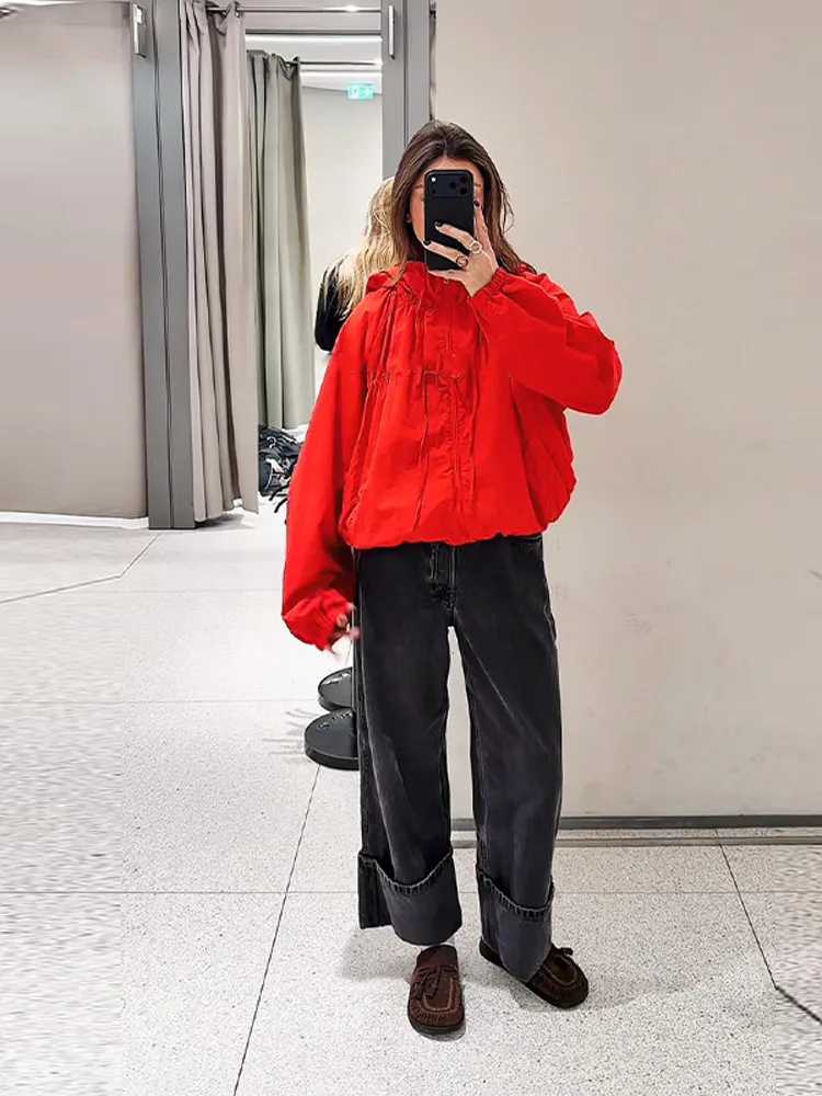 Chic Hooded Womens Jacket Zippers Full Sleeve Stand Collar Lace Up Loose Lady Coat 2026 Spring Fashion Female Street OuterwearT260328