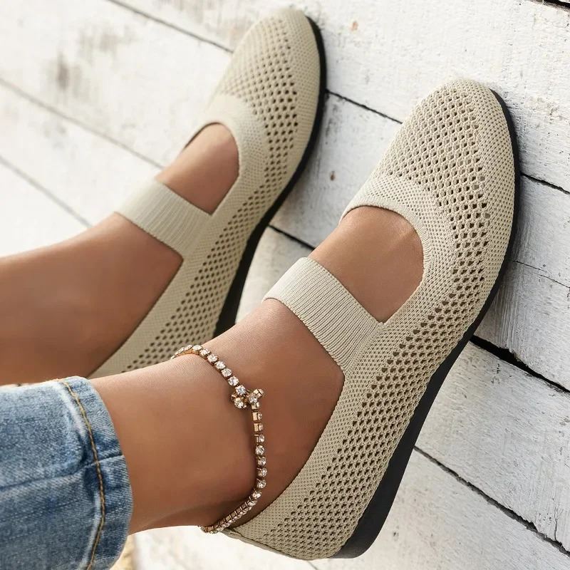 2024 Women Flats Shoes Slip on Knitting Loafers for Women Round Toe Single Shoes Hollow Out Fashion Mom Casual Shoes for Ladies 260323