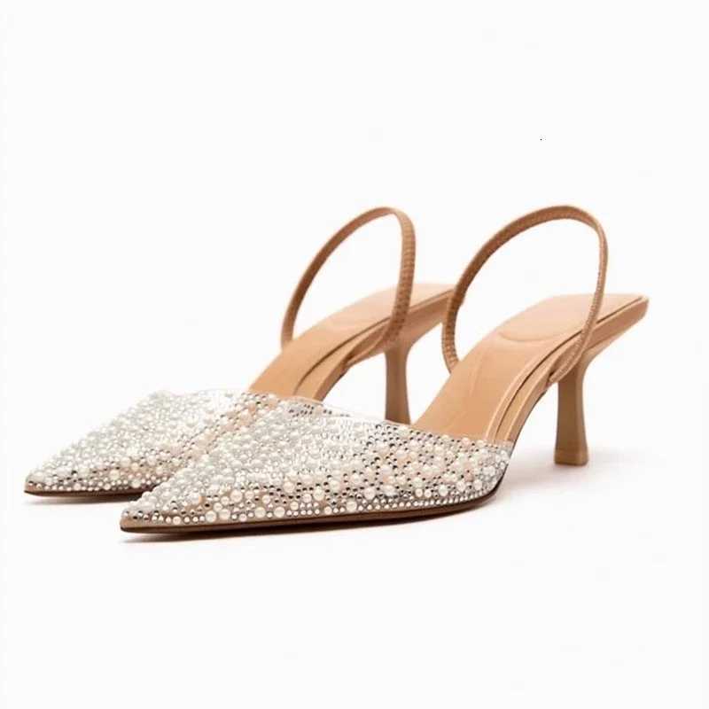2025 Fashion Summer Women High Heels Sandals Pearl Decoration Slingback Pointed Toe Elegant Party Wedding Bridal Ladies Shoes Z260330