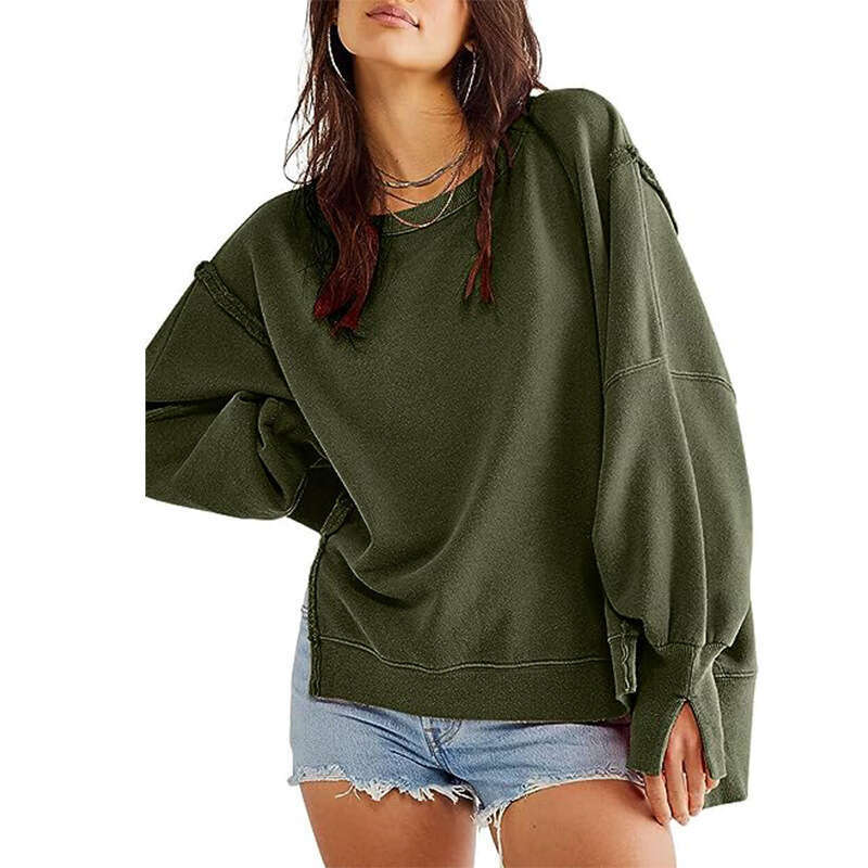 European American Clothing 2026 Fall/Winter New Women's Oversized Round Neck Sweatshirt with Side Slits and Long Sleeves