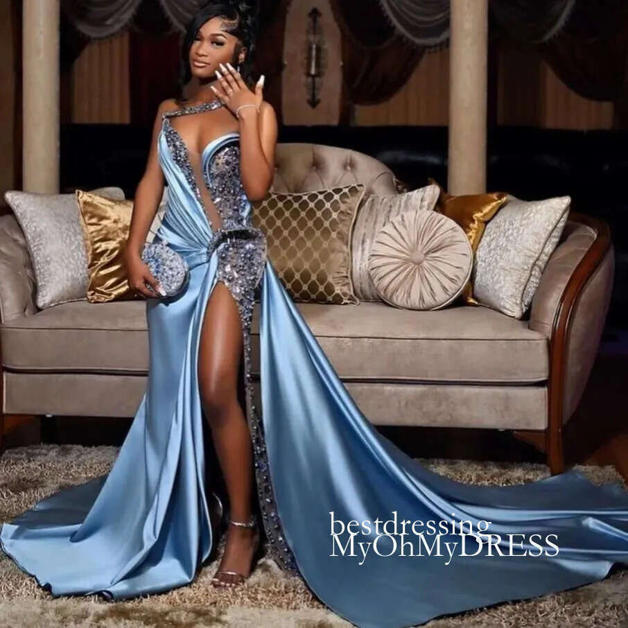 Aso Ebi 2026 Sky Blue Mermaid Prom Dresses One Shoulder Beaded Satin Sequined Evening Formal Party Second Reception Birthday Gowns Dress For Special O