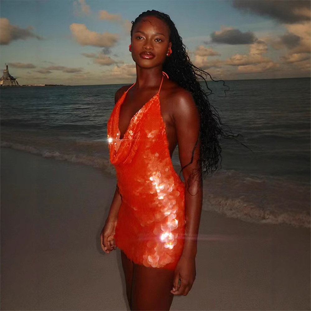 2025 Sexy Womens Dress Ultra Low-Cut Hollow Out Strap Backless Sequin Slim Fit Dress