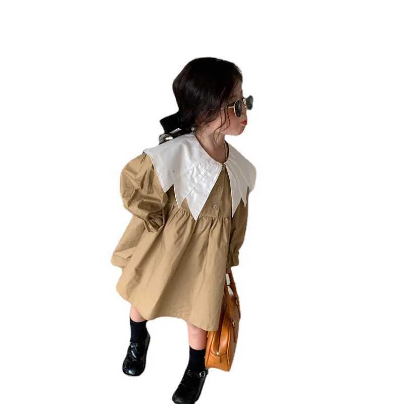 Girl Dress Spring 2024 New Retro Van Doll Pointed Collar Girls Dress Long Sleeve Khaki Princess Dress Sweet Casual DressT260330
