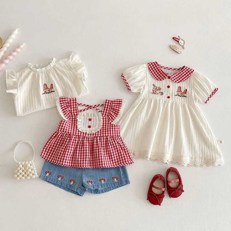 Children Sweet Thin Style Bunny Mushroom Dress 0-5T Girls Cute Lace Check Pattern Tops Kids ShirtT260330