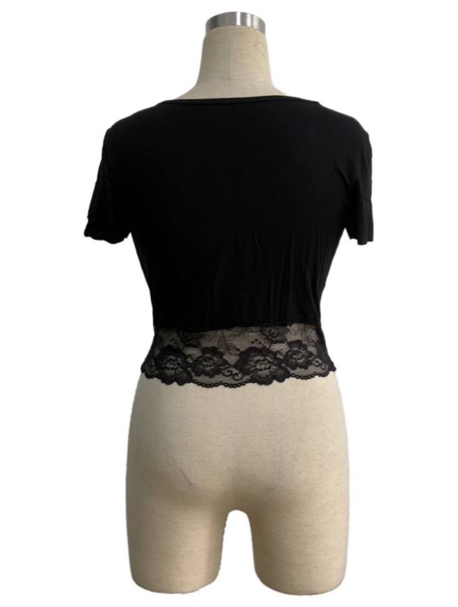 Women's T-Shirt Lace Patchwork Bandage Tops See Through O-neck Short Sleeve T-Shirts 2026 Spring Summer Fashion Lady Casual Pullover New