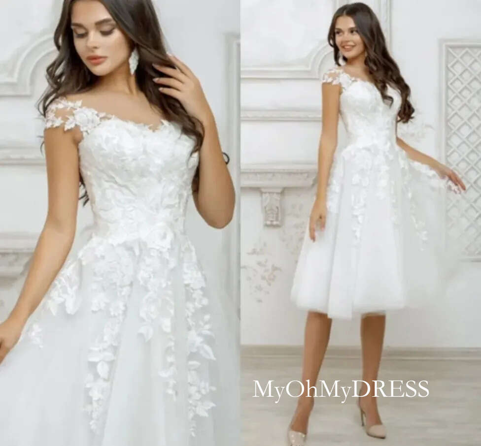 Short Wedding Dress 2026 White For Women Cap Sleeve Lace Appliques Boho Bridal Gown Princess Cute Robe De Mariee Illusion Vestidos J22 D0330