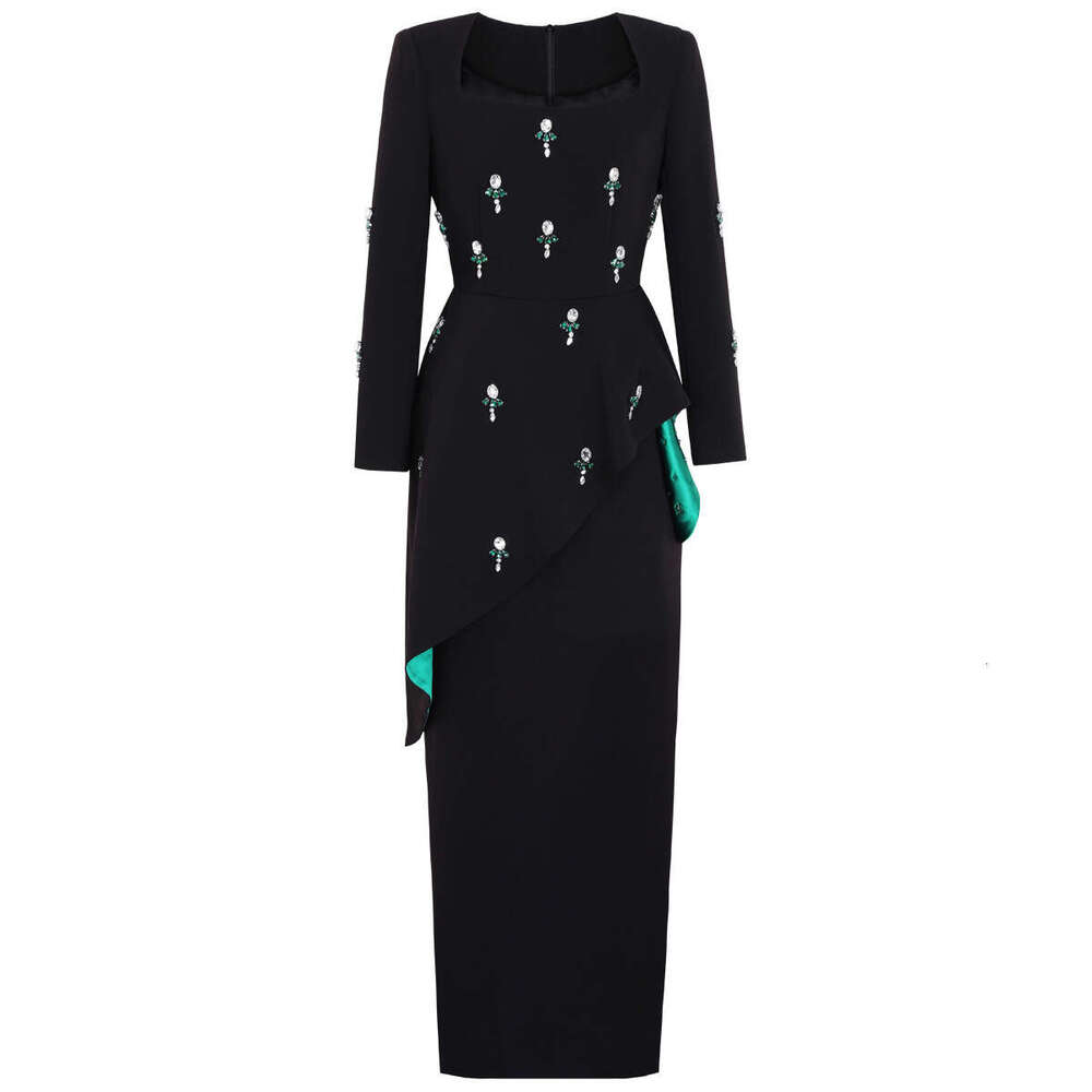 Spring and Autumn New Designer r27 High Quality Fashion Square Collar r27 Waist Slim Fit Inlaid Long Sleeve Women's Long Skirt
