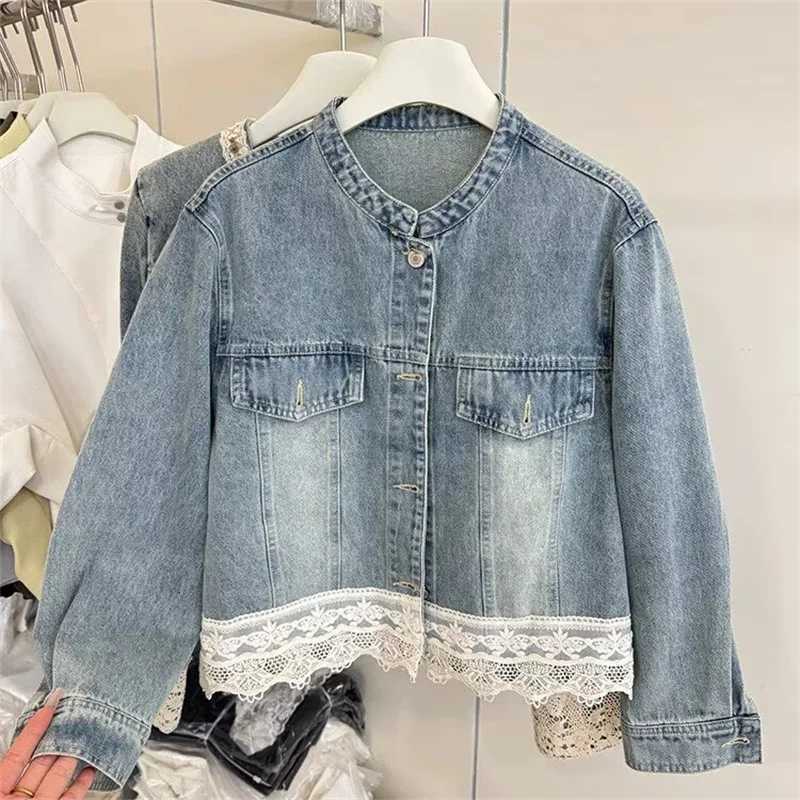 New jacket Denim jacket Early spring Retro Washed Small Collar Lace Stitching Loose Casual Denim Jacket Womens Short ParagraphT260328