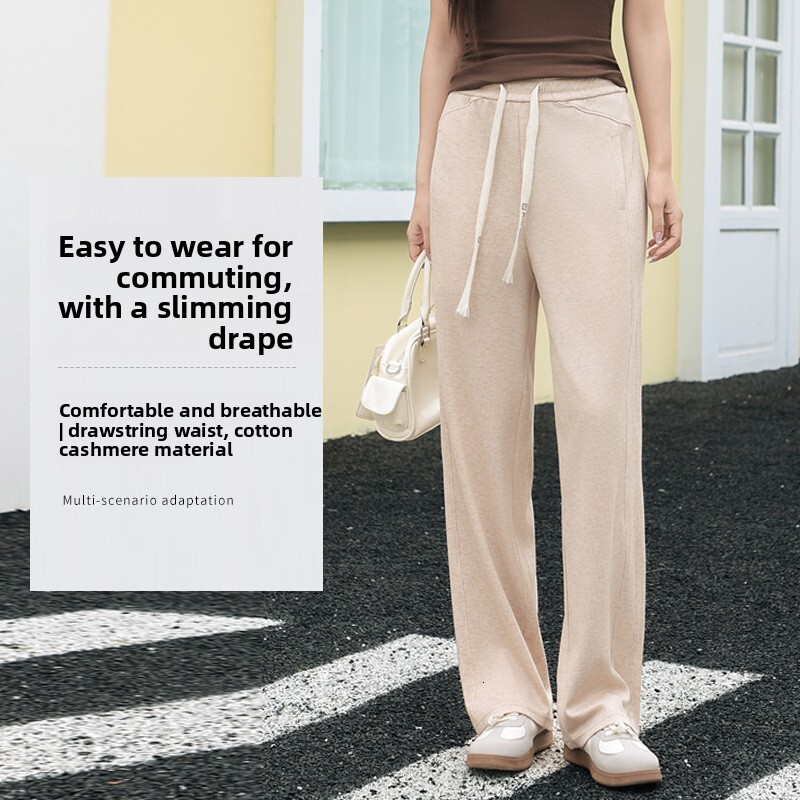 New slim-fit straight-leg pants for spring and summer, casual drawstring versatile wide-leg breathable women's long pants