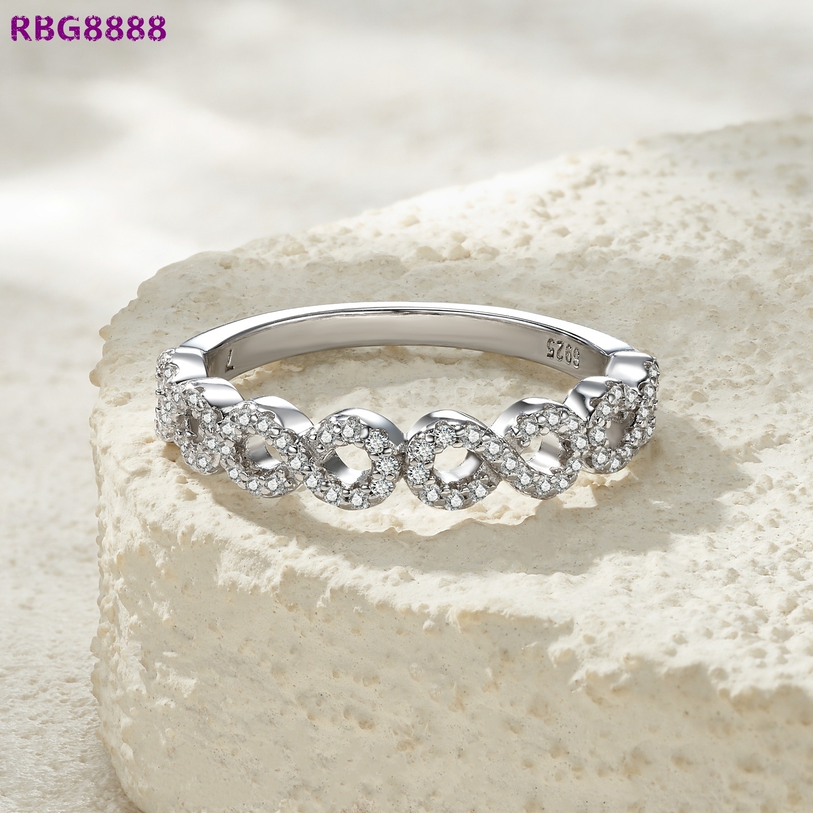 Infinity Link Cross Shape Platinum Plated 925 Sterling Silver Pave Moissanite Engagement Eternity Band Luxury Stackable Ring