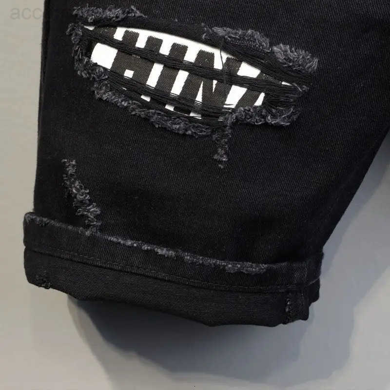 Korean Fashion Boyfriend Denim Shorts Mens Youth Summer New Black Washed Ripped Color Patch Slim-fitting Cargo Half Pants H260330