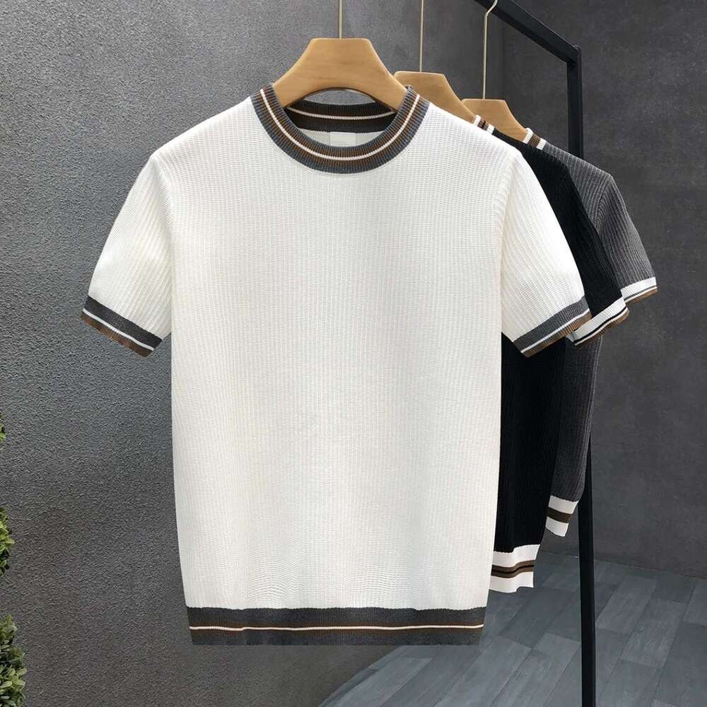 luxury Summer New Style Casual Top, White Round Neck Striped Spring Short Sleeve Sweater, Men's Knit Shirt