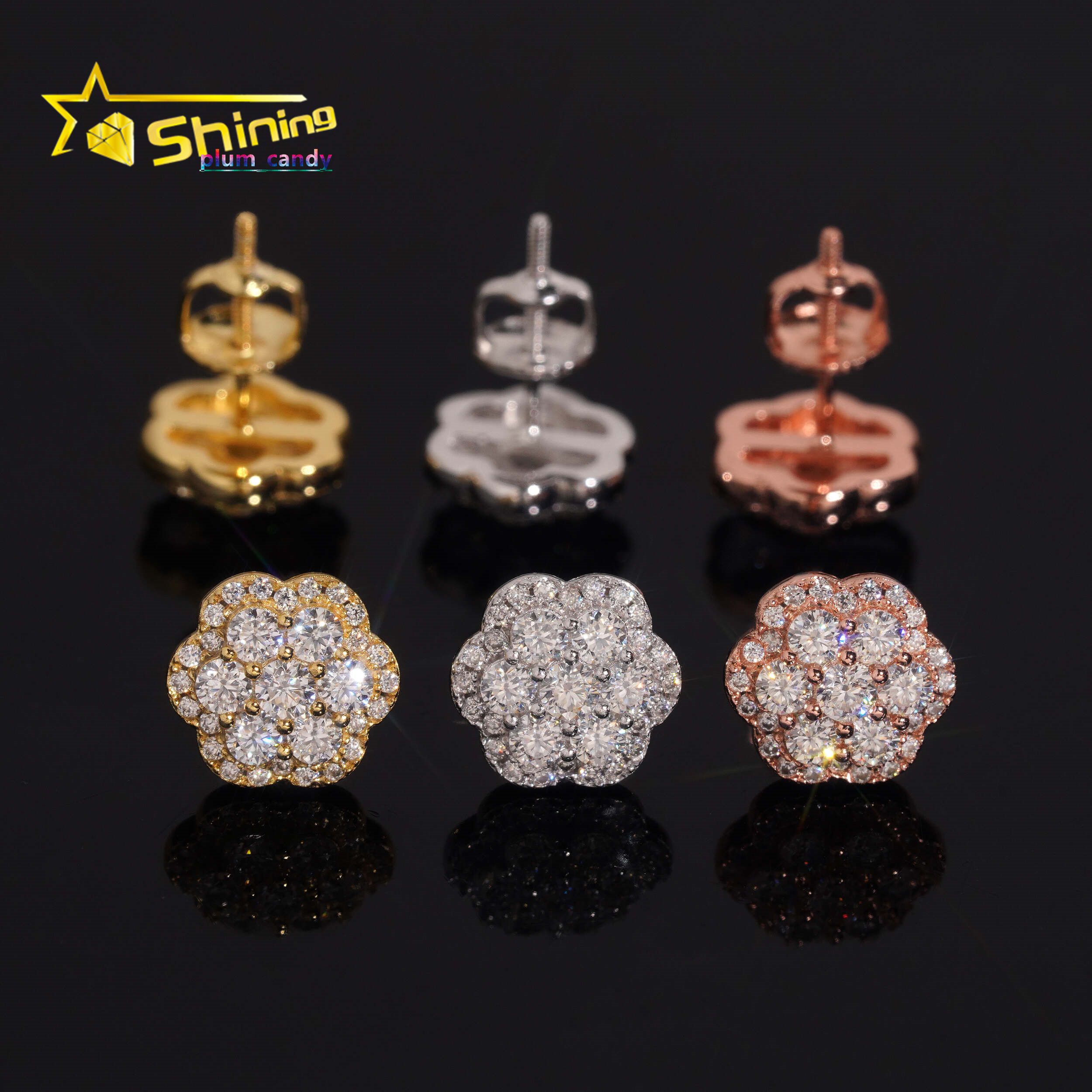 Fine Jewelry Iced Out Hip Hop 925 Silver Flower Pass Diamond Tester Moissanite Stud Earrings