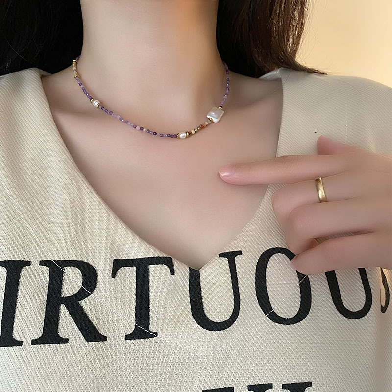 Designer luxury Natural Baroque Beaded Necklace for Women, Unique Ins Style Gold Sun Amethyst, Niche Dopamine Fashion Collarbone Chain