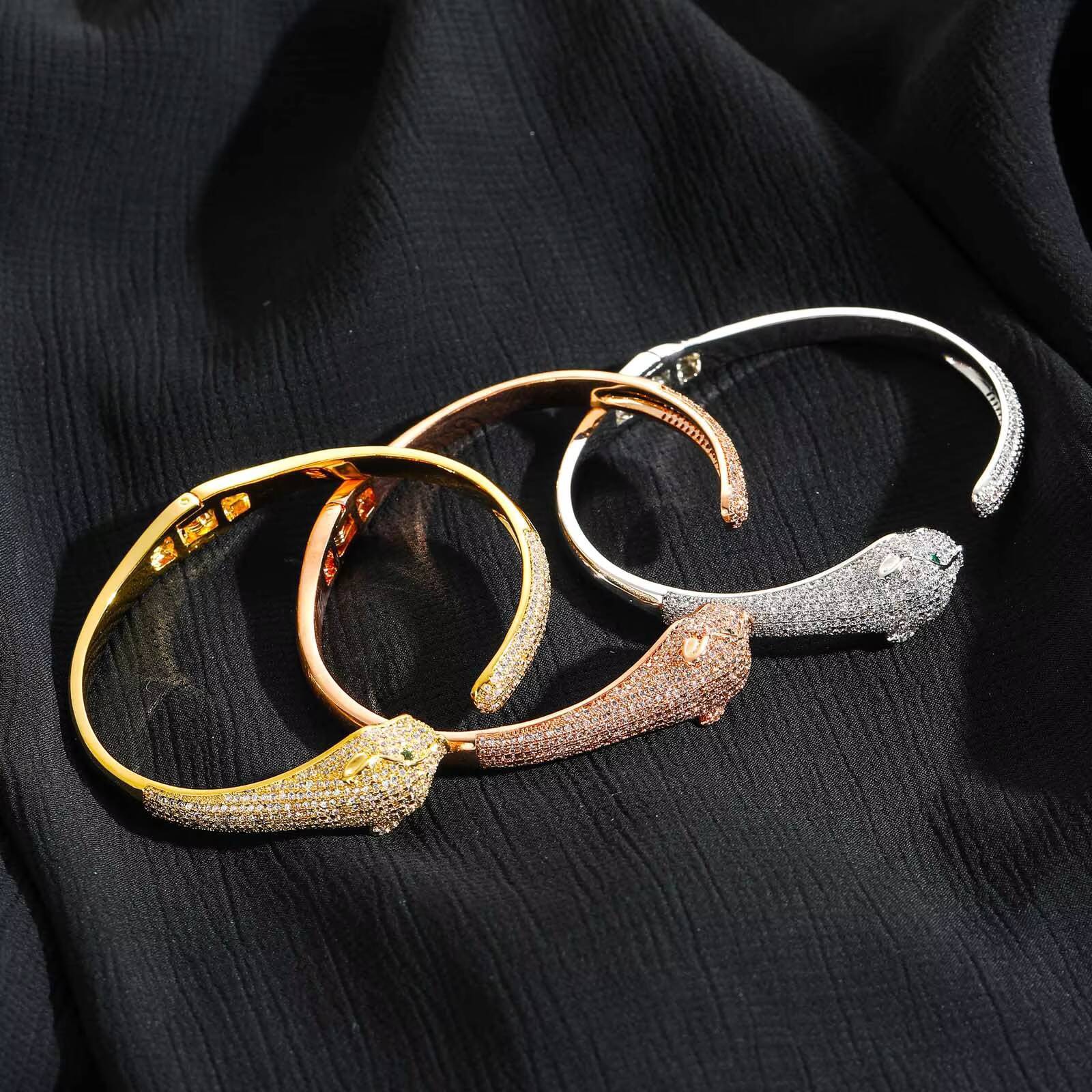 High-quality Wholesale Brass Gold-plated 5A Moissanite Leopard Bracelet Iced Animal Cuff Bracelet Hip Hop Jewelry