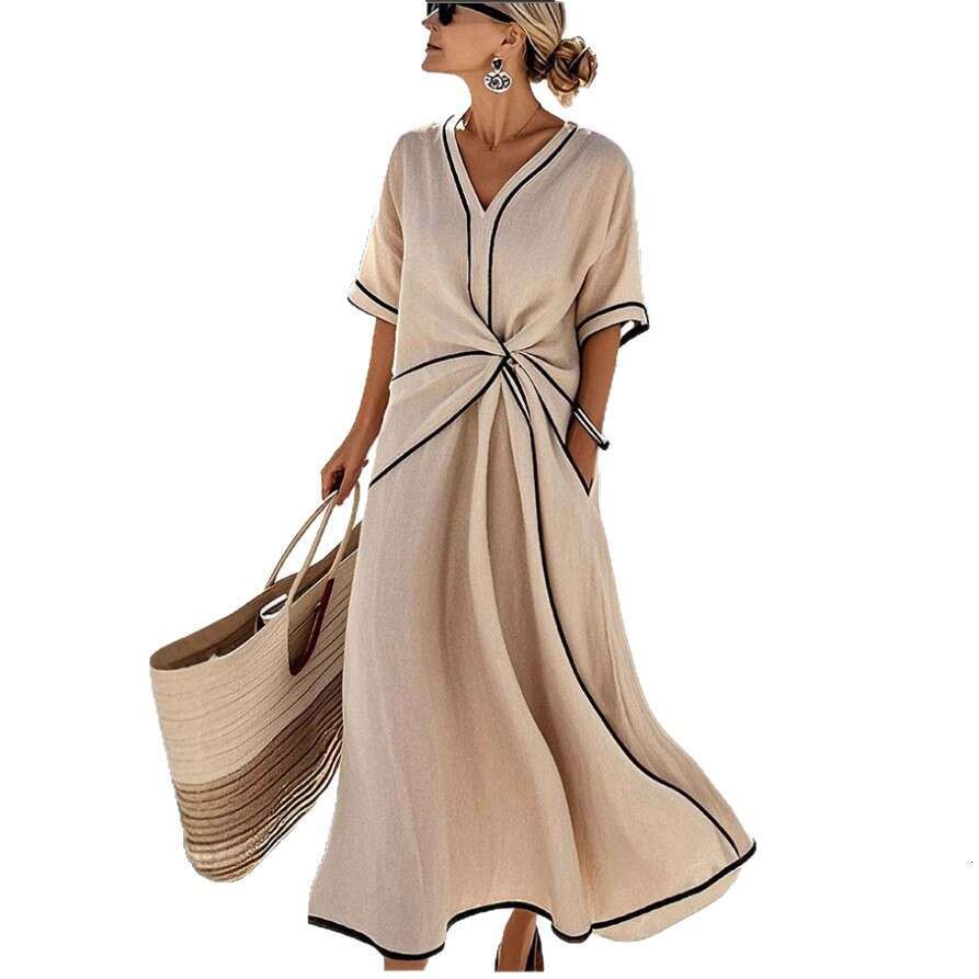 European and American Amazon V-neck Fashion Elegant Commuter Striped Dress Printed Women's