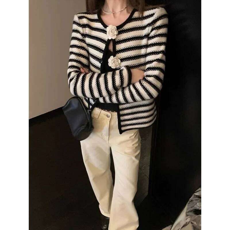 Temperament Camellia For Women In Autumn Striped Crochet Knitted Cardigan New Jacket Top