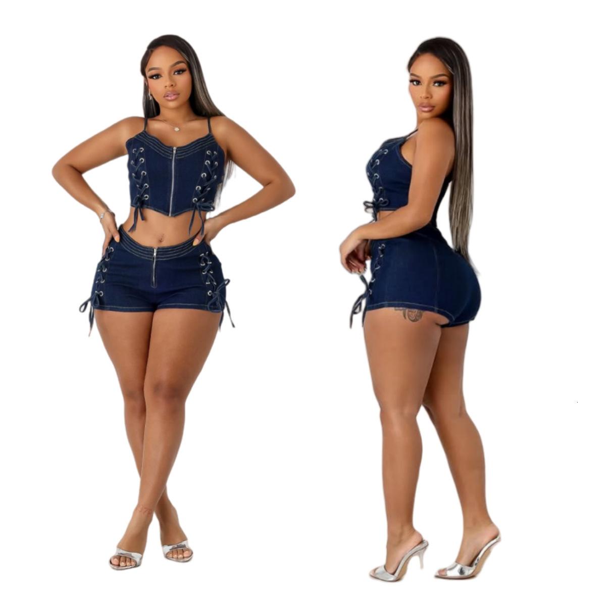 New Denim Shorts Set MZ88653 Lace-up Vest Elastic Shorts Set