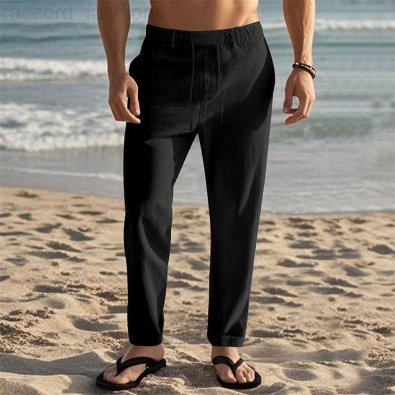 Men s Lightweight Drawstring Linen Pants with Pockets Comfortable Straight Leg Casual Trousers for Summer Beach Wear H260330