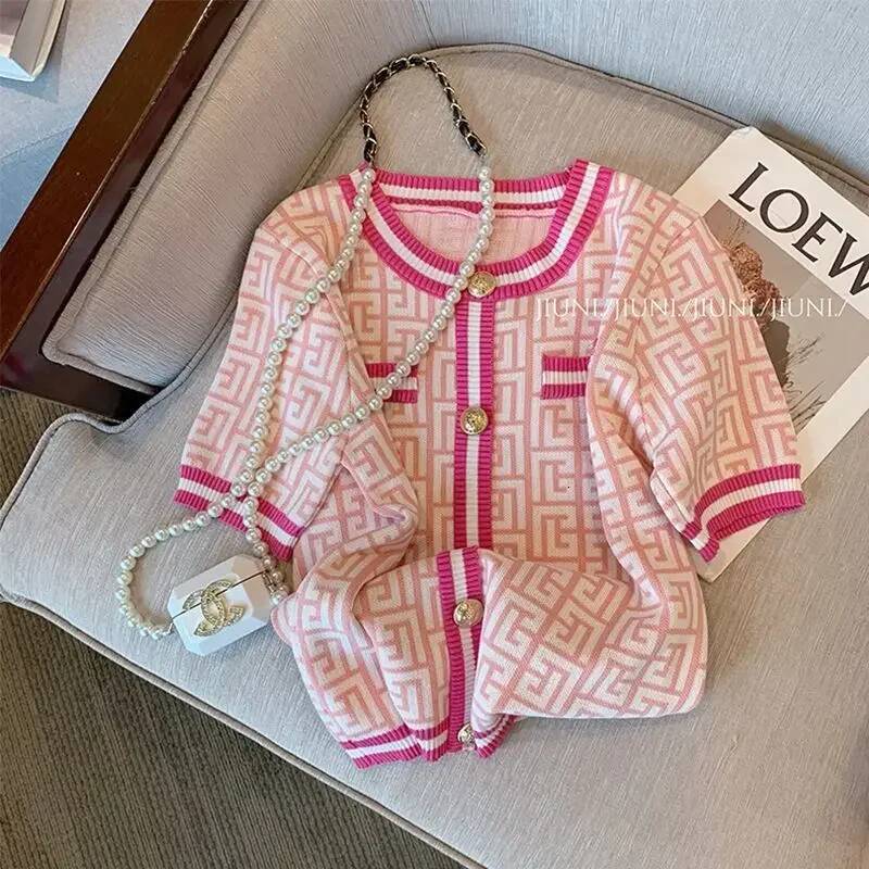Ladies Fashionable Buttons Patchwork O-neck Short Sleeve T-Shirts Summer Women Clothes All-match Geometric Pknitting Ullovers