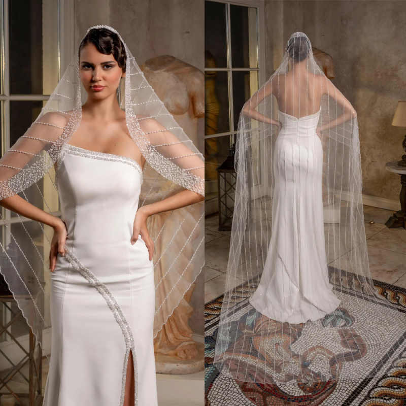 Luxury Beaded Pearls Wedding Veil 3 Meters White Ivory Beading Bridal Veil Customized Bride Headpiece Accessories