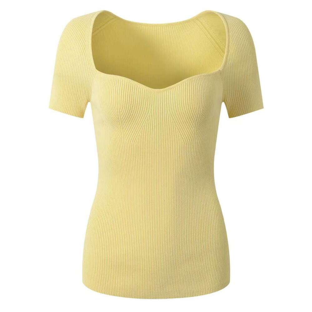 Asian Size Square Neck Short Sleeved Knitted Sweater For Women,Slim Fit,Simple,Versatile,Sexy T-Shirt,French Single, Summer Mdng260330