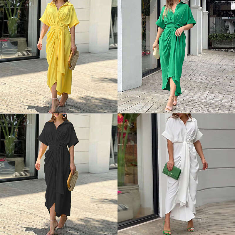 2026 Spring New Collection: Cross-Border European and American Foreign Trade Women's Clothing - Elegant Commuting Solid Color Tie-Waist Single-Br