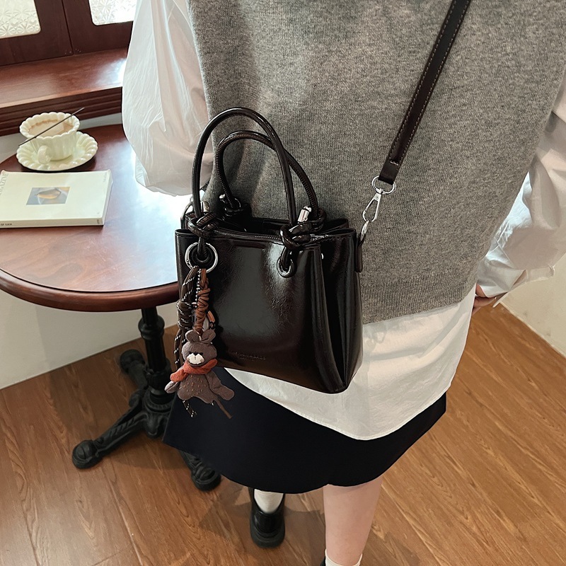 Free Shipping High Value Mini Tote Bag for Women Glossy Leather Handbag with Cute Bear Charm