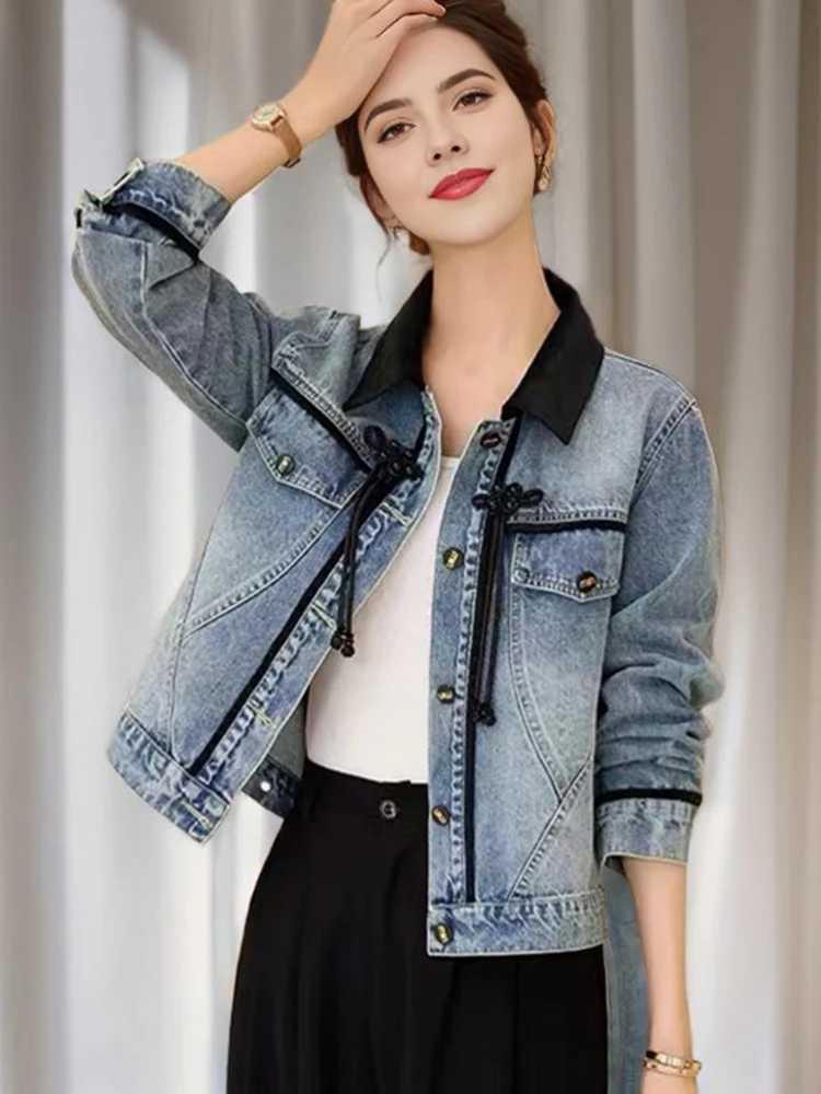 New 2025 Spring Denim Coat And Jacket Women Patchwork Color Chinese Style Tie Long Sleeve Blue Jeans Jackets OutwearT260328