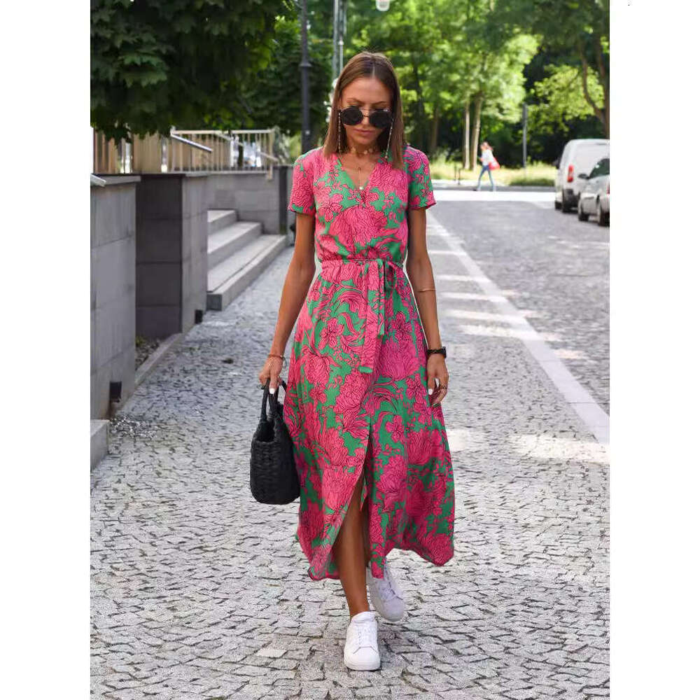 Cross-border women's clothing European and American holiday polka dot print tie-waist V-neck mid-length short-sleeve dress