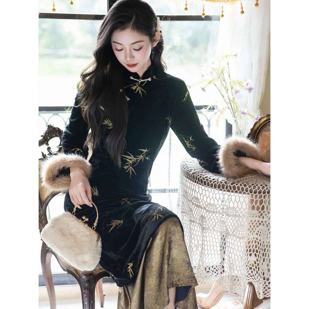 Yourqipao Autumn And Winter New Style Long-Sleeved Cheongsam Chinese Hanfu Fishtail Skirt Qipao Dress For Women MAKOUFEI