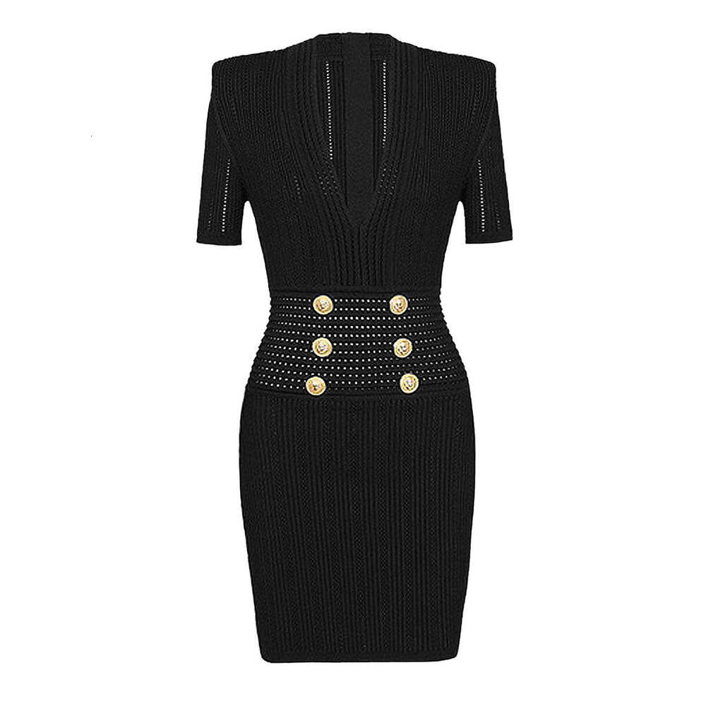 r27 European and American new fashion designer r27 high-quality knitted fabric V-neck slim fit short sleeved dress 2026