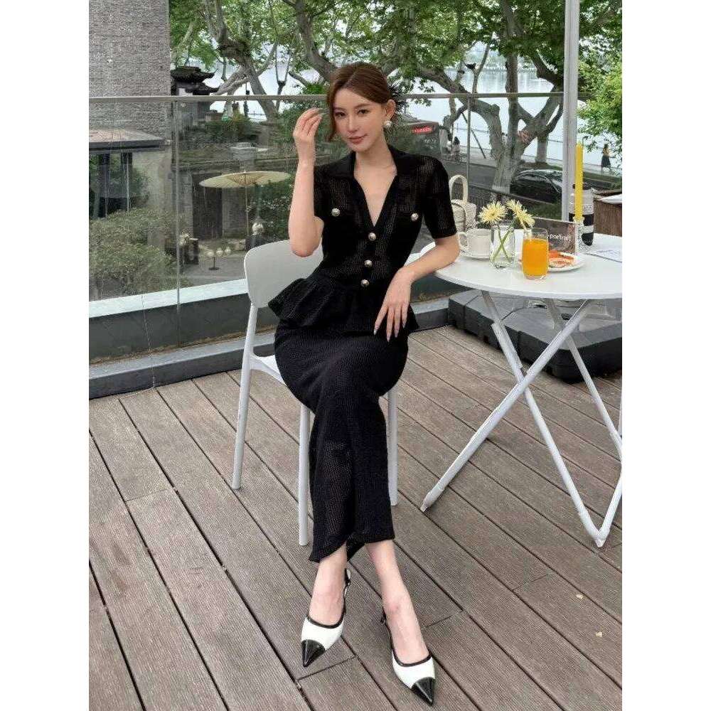 Knitted Hollow Out Midi Dress Viscose Nylon Boho Beach Calf Length Straight Hem Summer Ruffled Trim Mdng260330