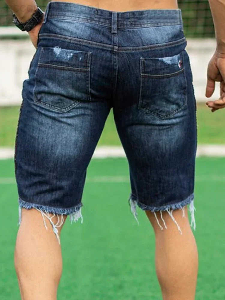 Men Jeans Denim Pants Holes Washing Knee Length Mid Waist Pockets Zipper Fly Solid Color 2025 Slight Strech Casual Slim H260330