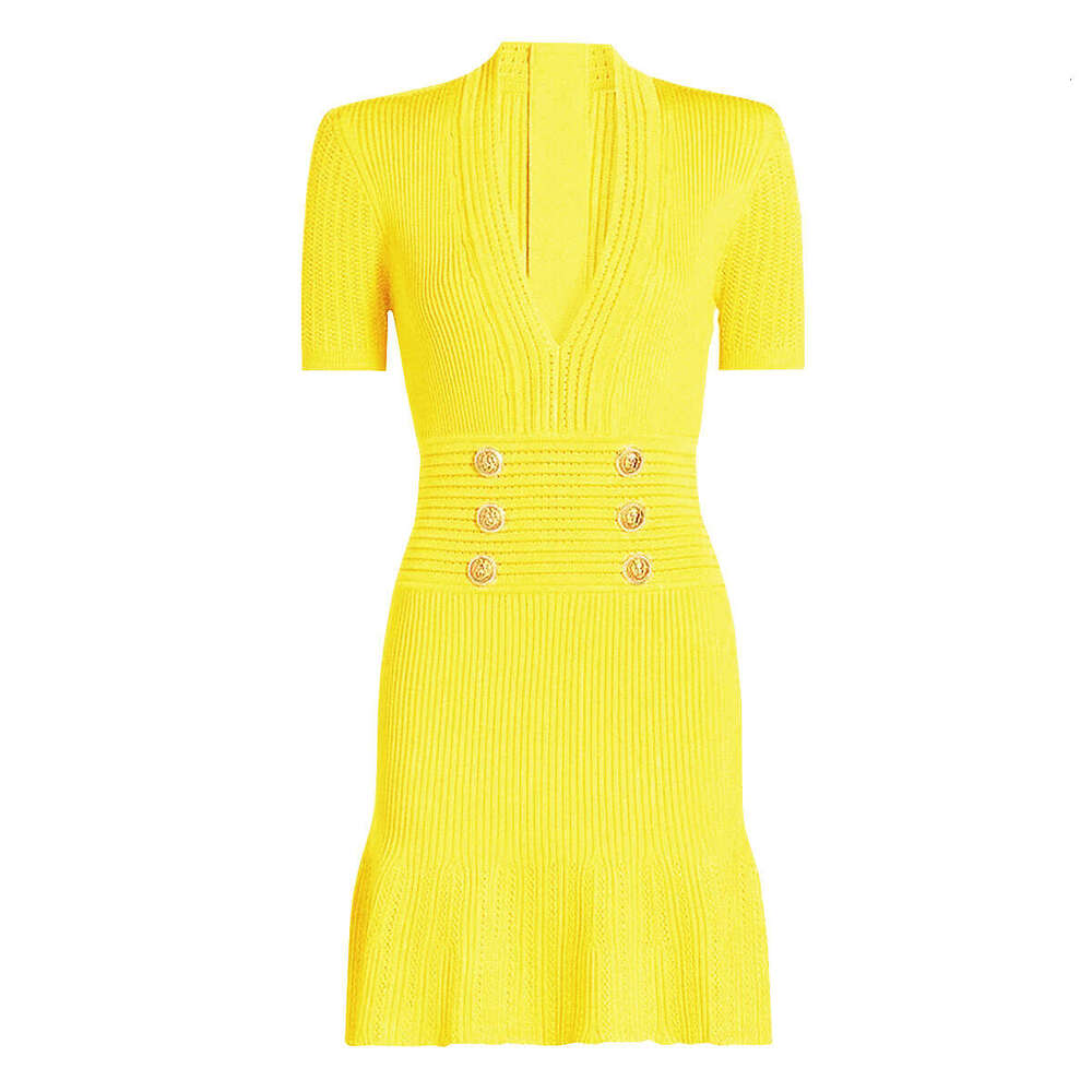 Spring and Autumn New Designer European and American Fashion High f23 Quality Knitted V-neck Slimming Women's Short sleeved Dress