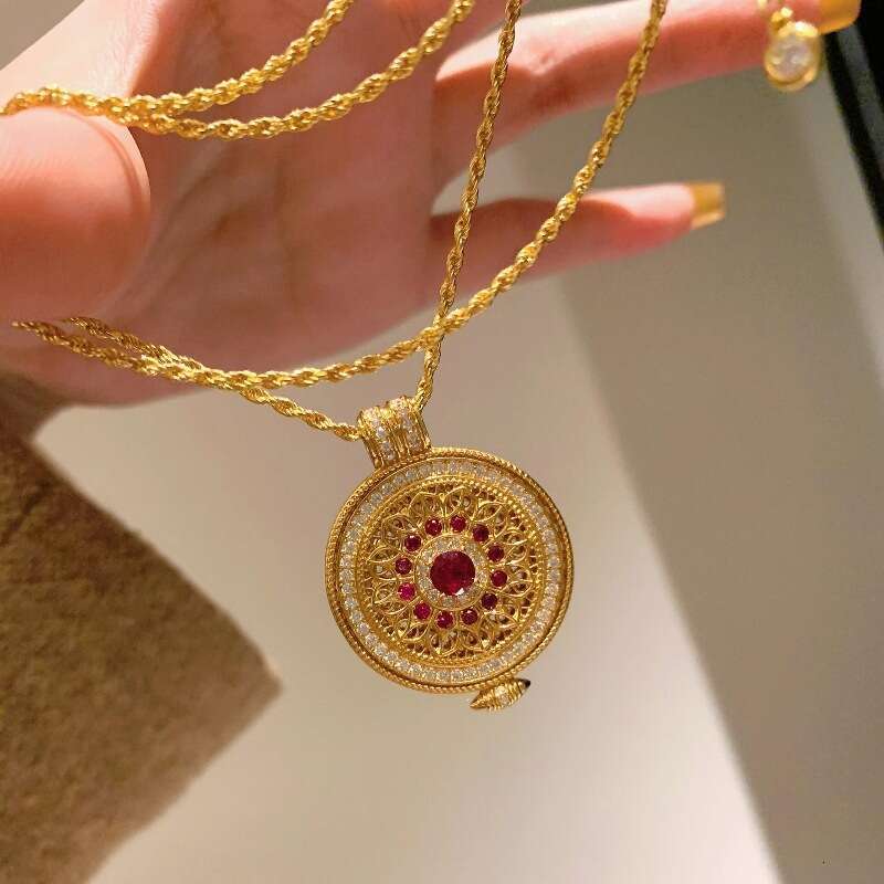 Dainty Retro New Chinese Style Full-Diamond Ruby Design Rose Compass Necklace, Two-Tone Exquisite Versatile Elegant Clavicle Chain