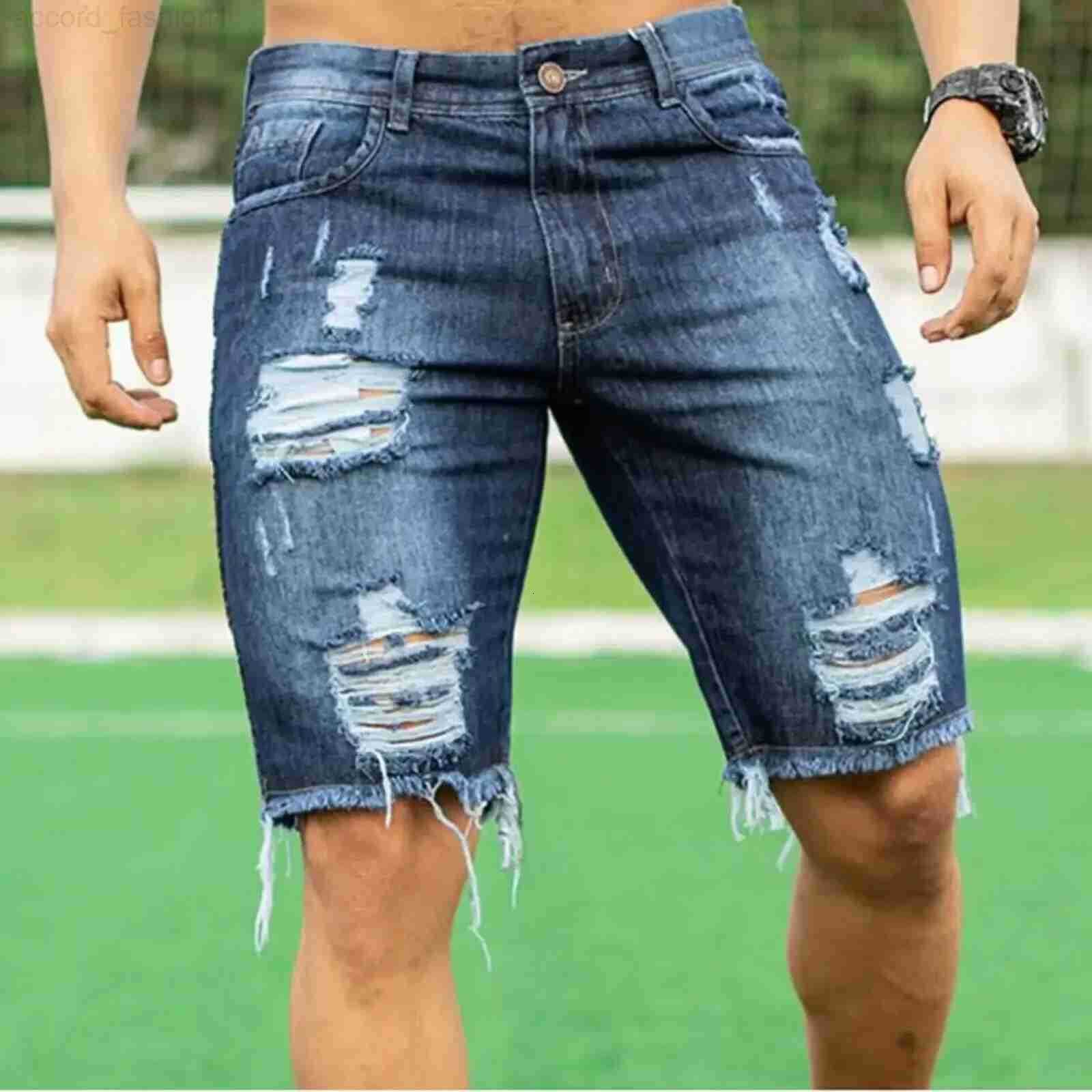 Men Jeans Denim Pants Holes Washing Knee Length Mid Waist Pockets Zipper Fly Solid Color 2025 Slight Strech Casual Slim H260330
