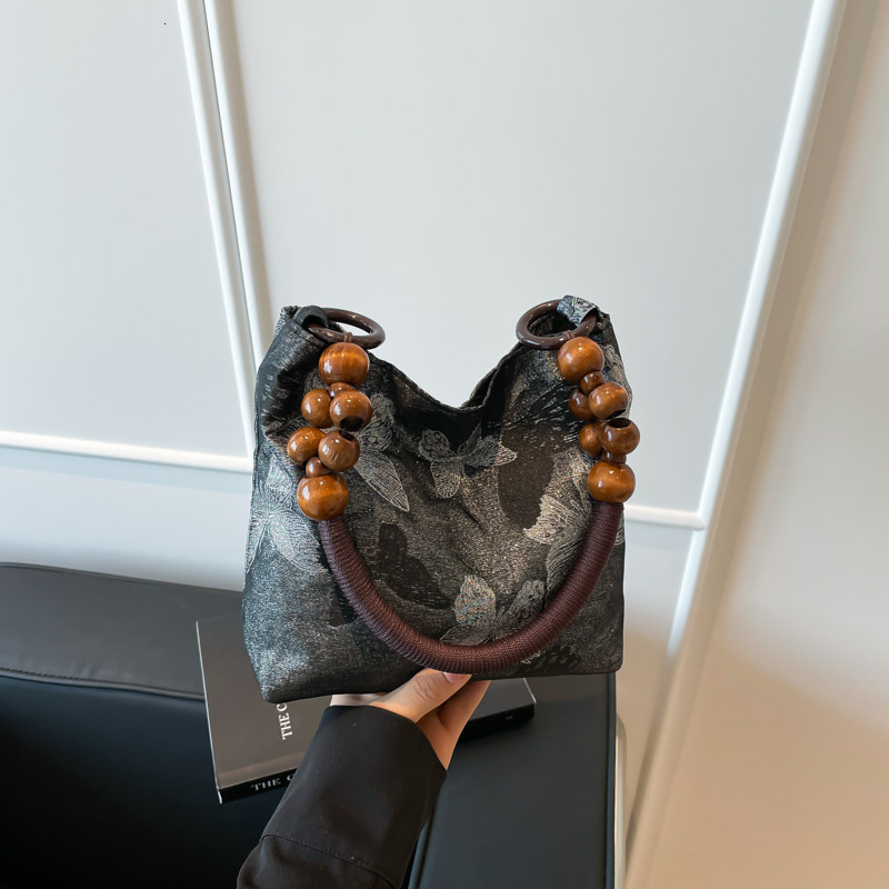 Free Shipping High Value Hobo Bag for Women Butterfly Print Handbag with Wooden Bead Handle