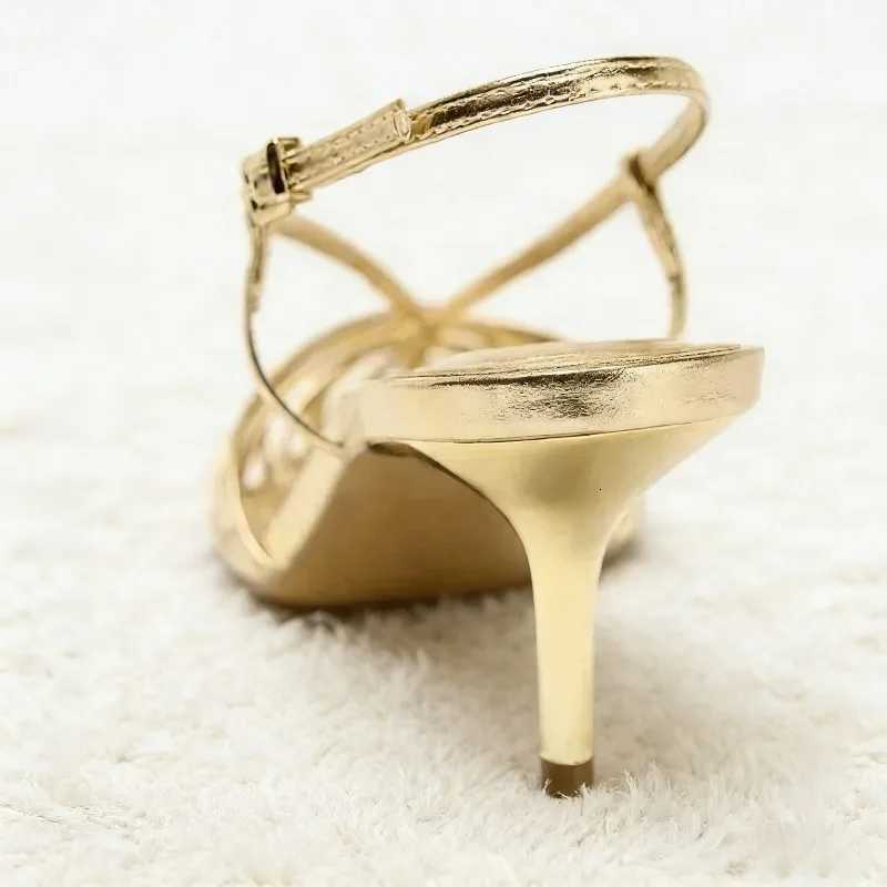 Luxury Gold Narrow Strap Heeled Sandals Women Sexy Pointed Toe Back Strap Roman Style Pumps Elegant Fashion Banquet Wedding Shoe Z260330