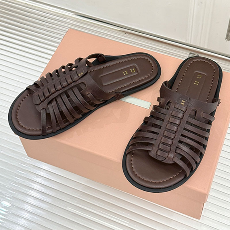 Women New Arrivals Nappa leather slides lightweight ultra flat soft woven leather lady sandals distinctive texture iconic TPU sole Beach sandals slippers