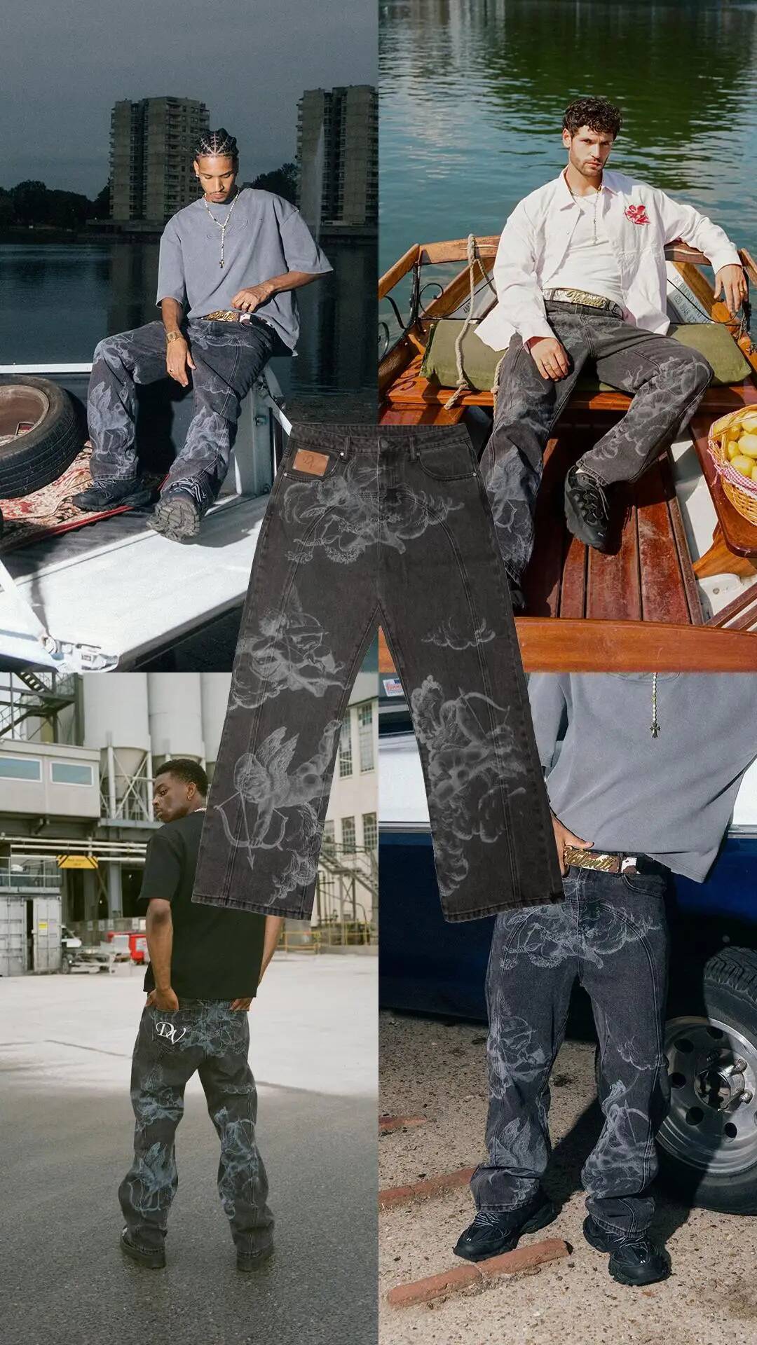 Vintage Washed Angel Print Baggy Jeans Men Y2K Streetwear Wide Leg Denim Pants Retro Cupid Graphic High Waist Loose Fit Trousers