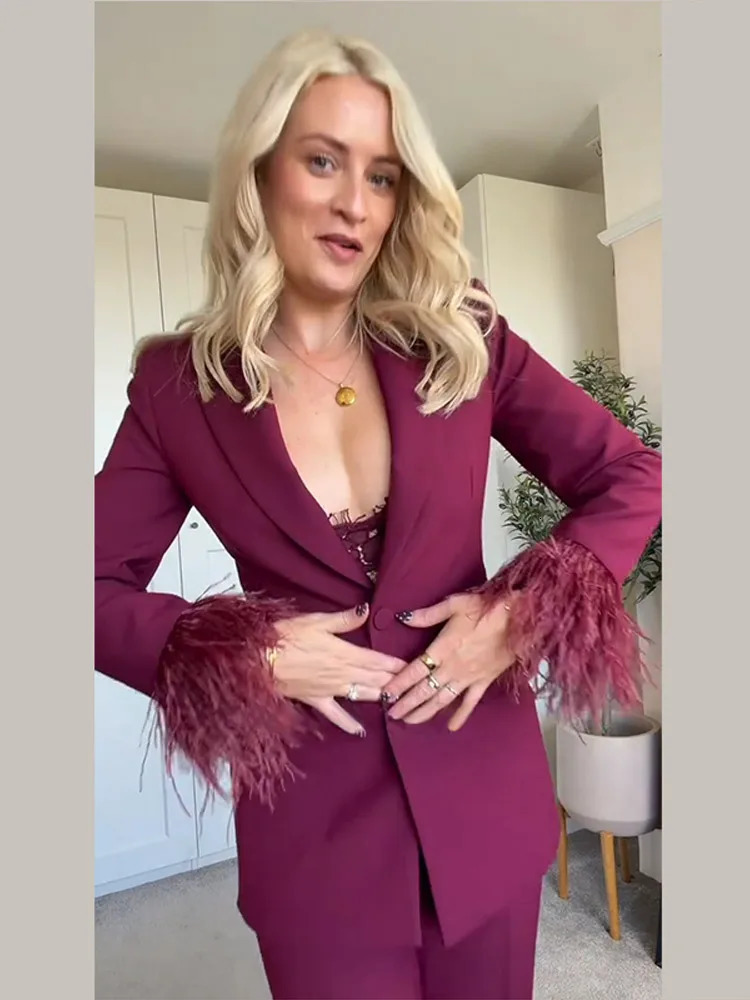 Elegant Feathers Women Blazer Pants Suit Lapel Button Coat Straight Wide Leg Trousers Lady Set 2026 Spring Female Outfits 260325