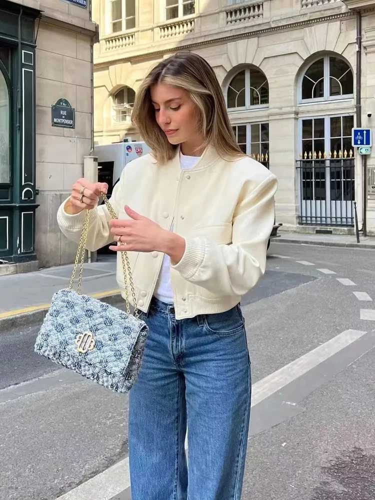 MUJER 2025 Woman Bomber Jacket White Autumn Winter Button Cropped Jackets for Women Fashion Long Sleeve Women Coats OuterwearsT260328