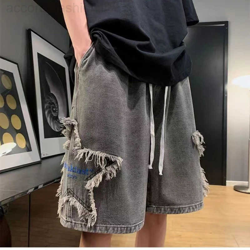 Five-pointed Star Embroidered Denim Shorts Mens Summer High Street Japanese Loose Retro Trendy Pants H260330