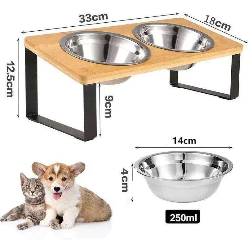 Elevated 15 Tilted Raised Cat Food with Wooden Stand Anti Vomiting 2Stainless Steel Bowls for Cats and Puppy 26W0330