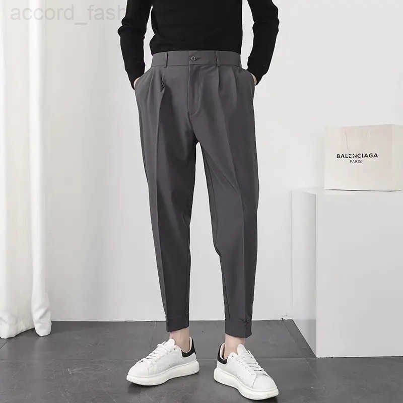 Fashion Men Casual Pants Elastic Waist Small Feet Slim Korean Style Pleated Tapered Male Blazer Pants Trousers Streetwear H260330