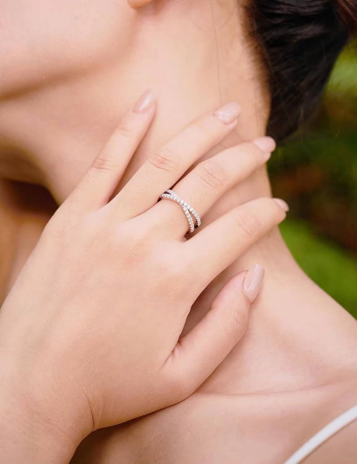 Moissanite Eternity Ring Criss Cross White Gold Plated Wedding Bands for Women-Sterling Silver Stackable Rings Size 4-11
