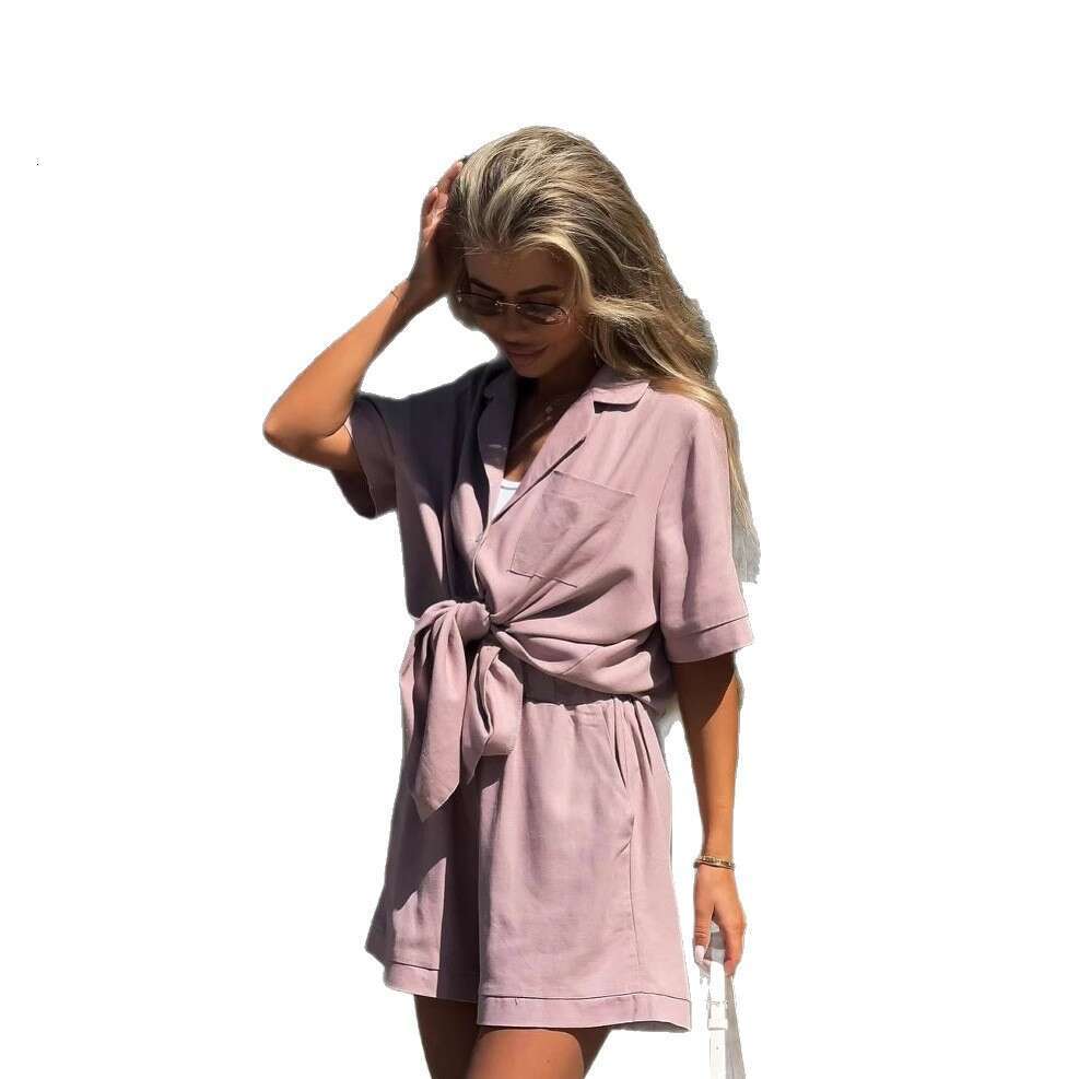 2026 Summer European American Style Cross-Border Women's Fashion Casual Set with Turn-Down Collar, Tie-Waist Short Sleeves and Shorts
