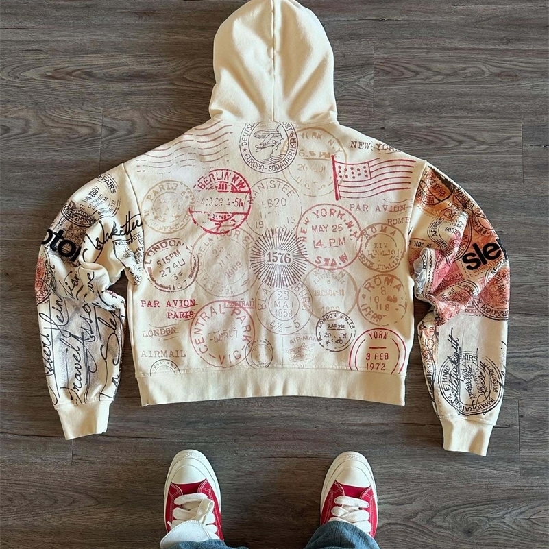 Passport Print Hoodie for Women Fashion Hip Hop Zip Up Hoodies Long Sleeve Harajuku Y2K Clothes Female Sweatshirt Street Jacket 260327
