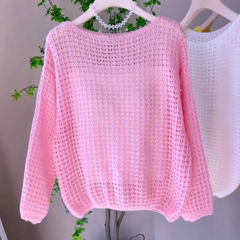 Summer New Gentle Sweet Pink Hollow Knit Top Women Off-Shoulder Long Sleeve Thin Shawl Cover-Up